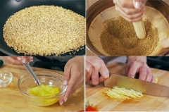 Rang 4 muỗng canh mè trắng cho đến khi thơm, trút ra giã nát. Thêm mật ong, giấm gạo, nước tương, dầu mè trộn đều làm nước sốt. Trứng gà đánh tan đều, thêm chút muối. Chiên trứng mỏng, vàng, thơm, sau đó thái thành sợi. Dưa leo bỏ vỏ nếu thích, nạo thành sợi. Cà chua thái múi cau. Thịt gà xé nhỏ.