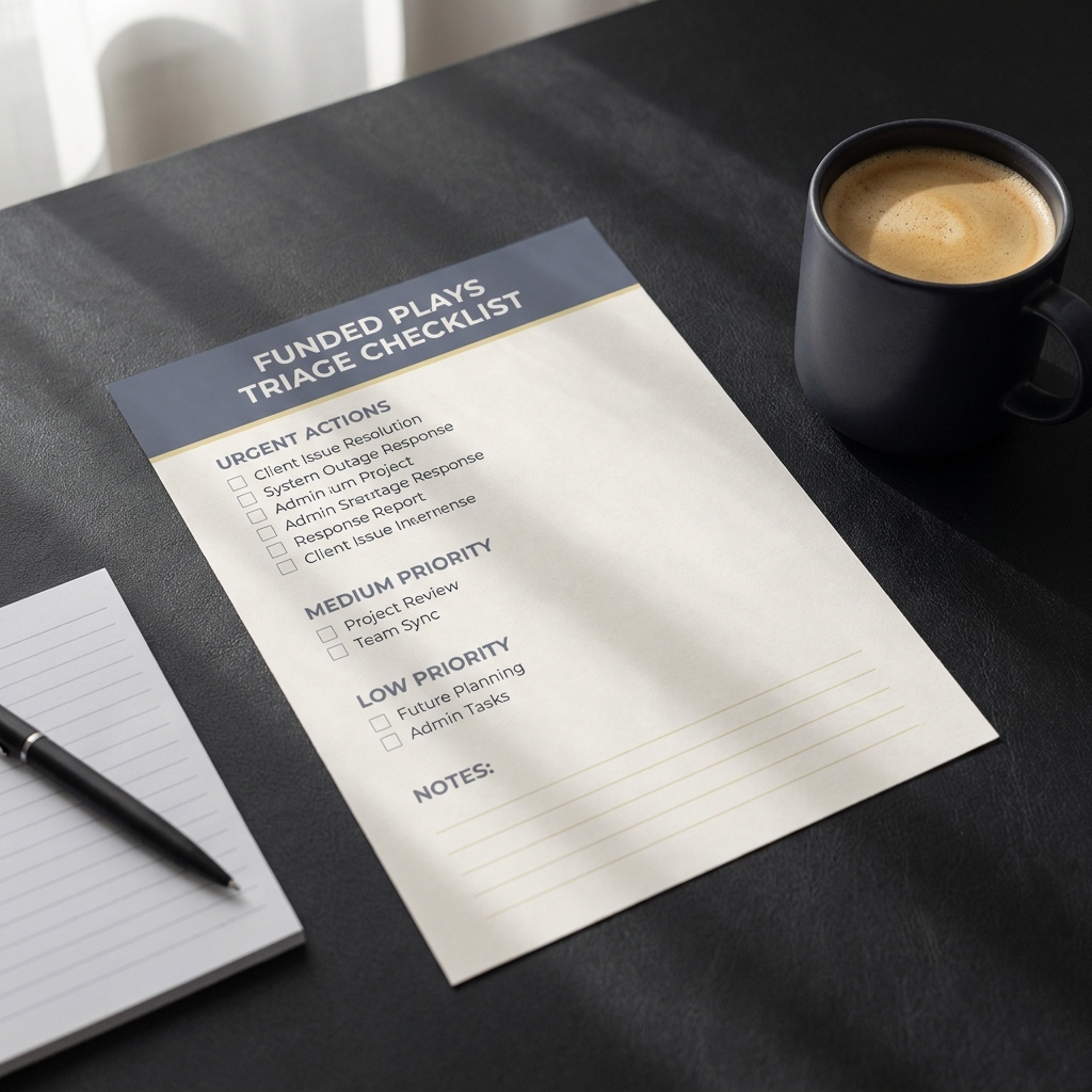 Close up printed triage checklist beside coffee cup and notepad showing organized recovery steps for traders How to Recover After a Losing Start Without Overtrading