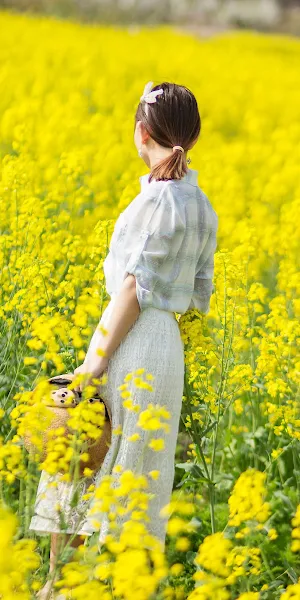 Canola, Woman, Field, Yellow, Flowers 5K iPhone Wallpaper Background