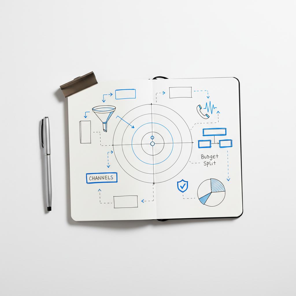 Top-down planner page with radius map, call-tracking icon, verification badge and sticky notes on white background illustrating google local service ads for realtors