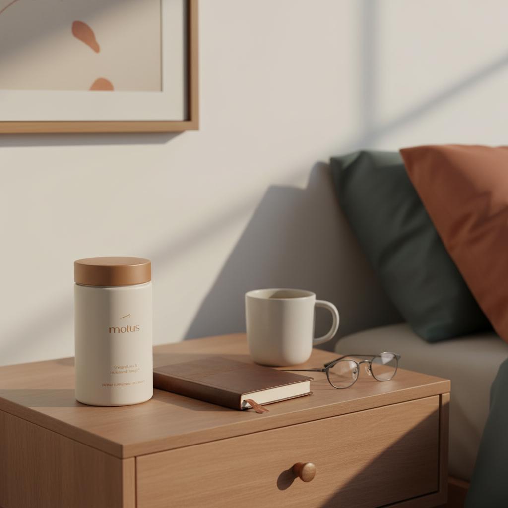 Is it better to get lipo or Ozempic? Minimalist nightstand photo with Tonum Motus supplement bottle, closed journal, ceramic herbal tea mug and reading glasses on soft #F2E5D5 background.