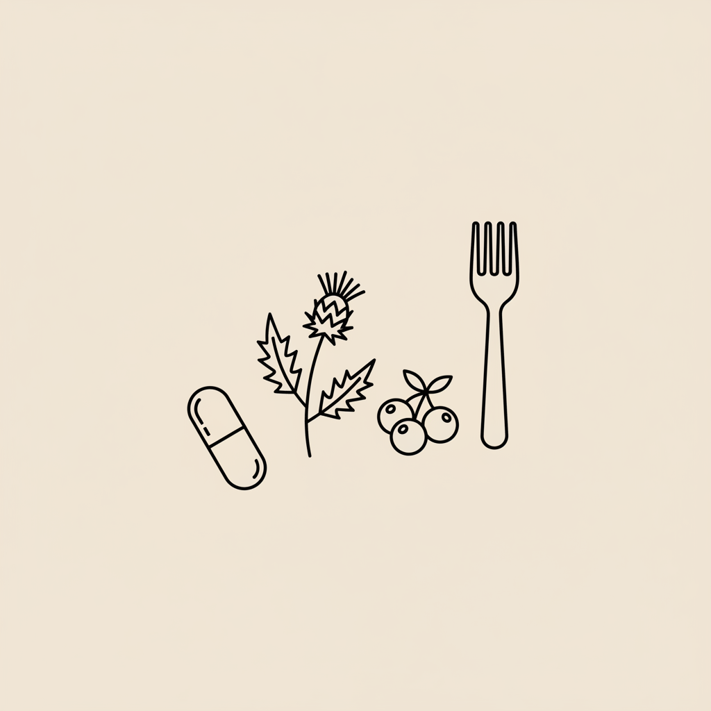 Minimalist line illustration of a capsule, milk thistle sprig, berry cluster and fork on beige background representing nutrition and supplements for weight loss for women over 50