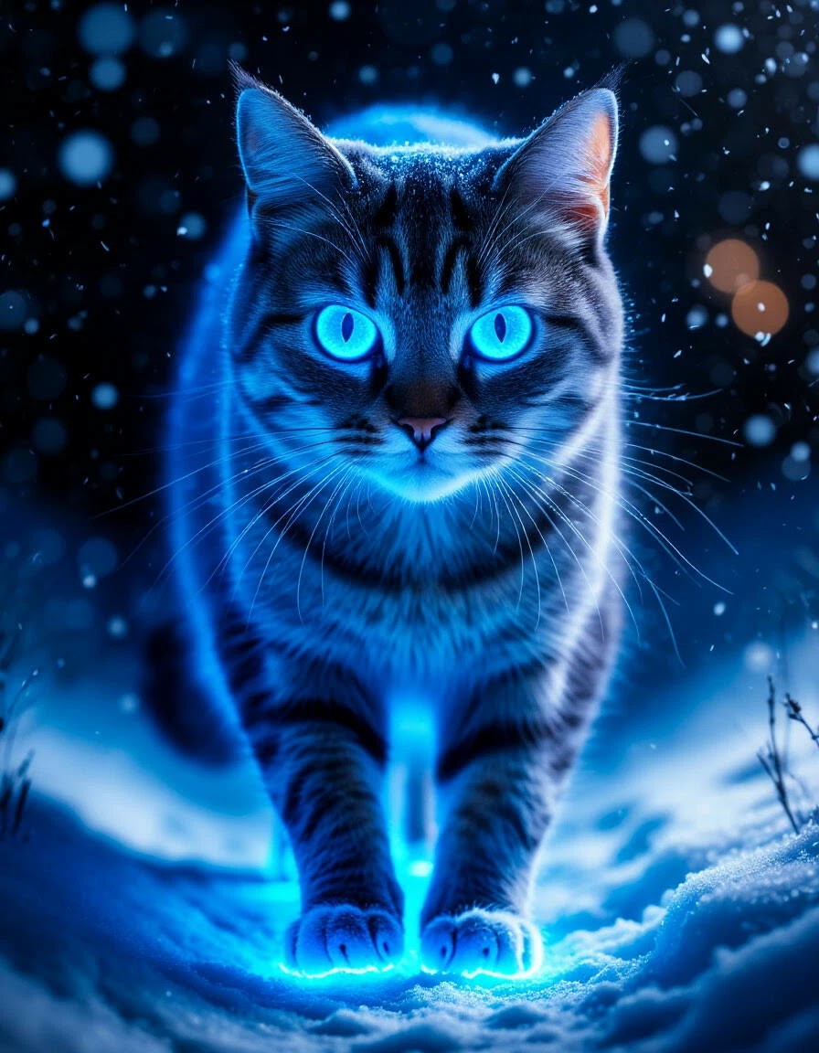 Glowing Cat Walking Through Snow