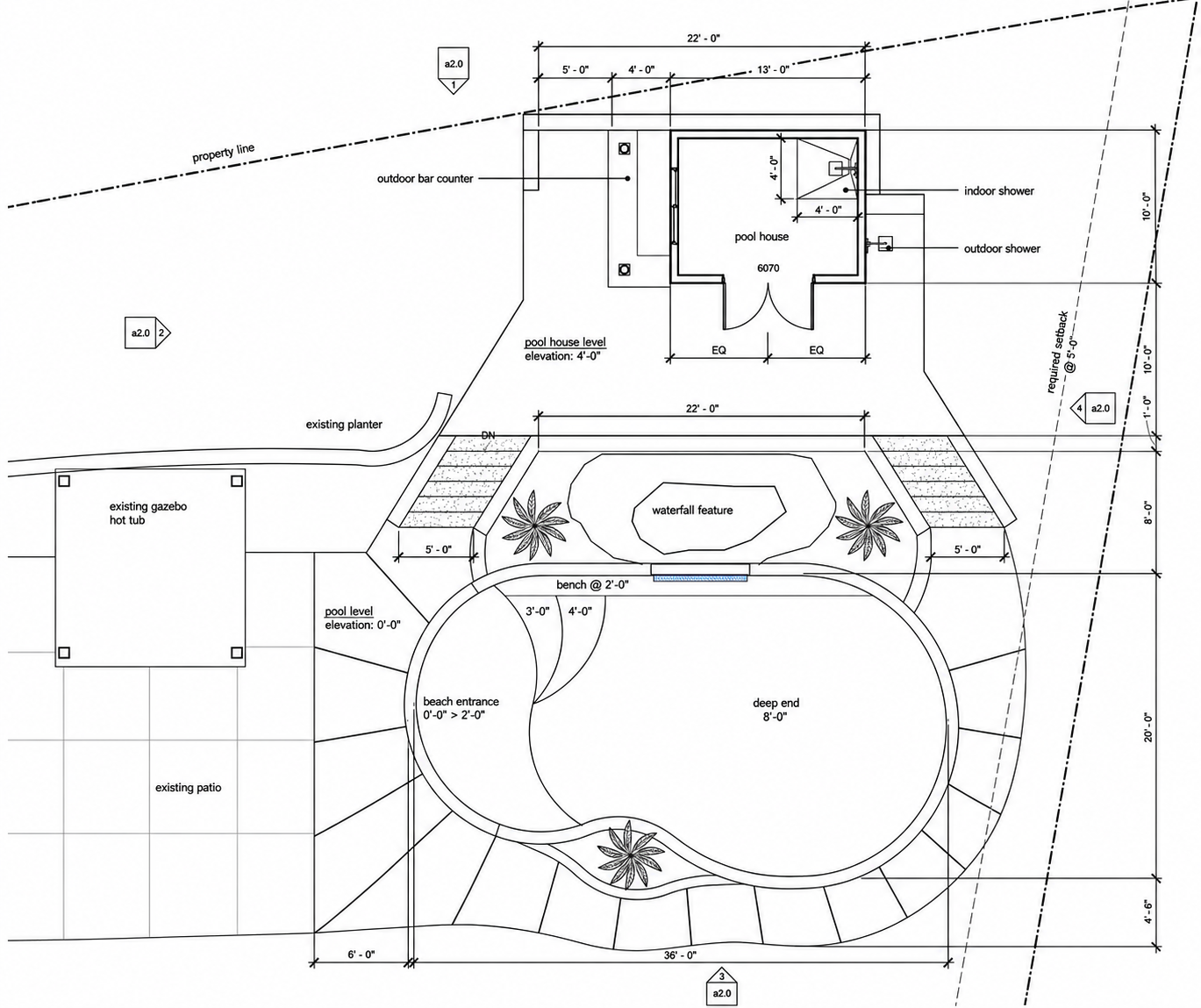 Technical drawing of pool and pool house