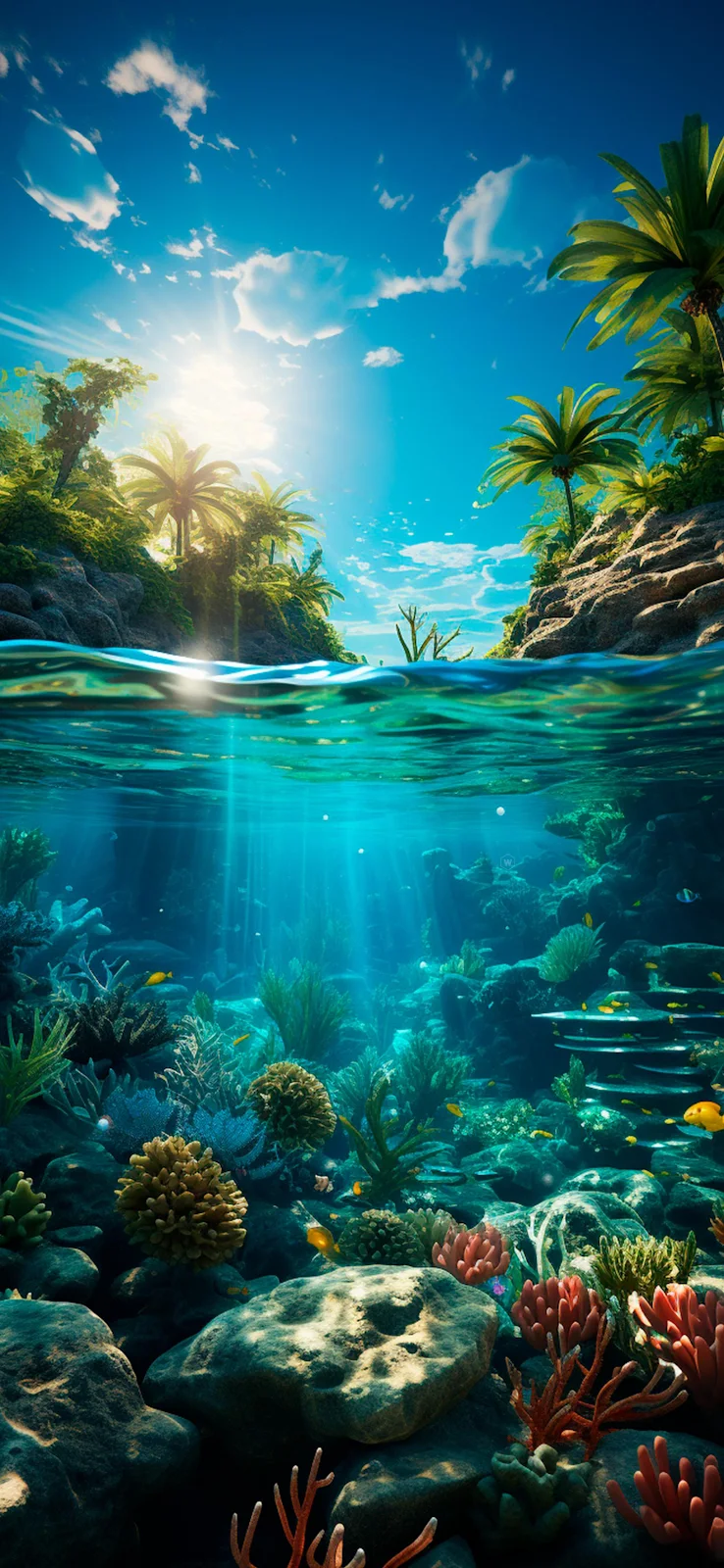 Tropical Reef Split View - Digital Art 2K iPhone Wallpaper (1630x3532)