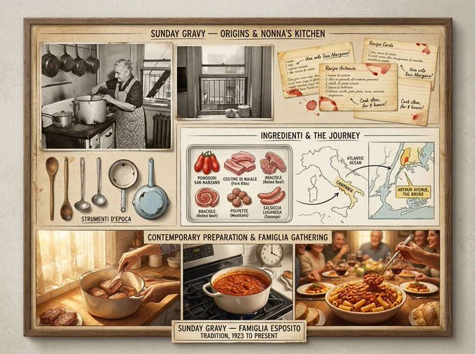 Un panel sobre patrimonio culinario que documenta [PLATO] — [CULTURA / REGIÓN / ÉPOCA]