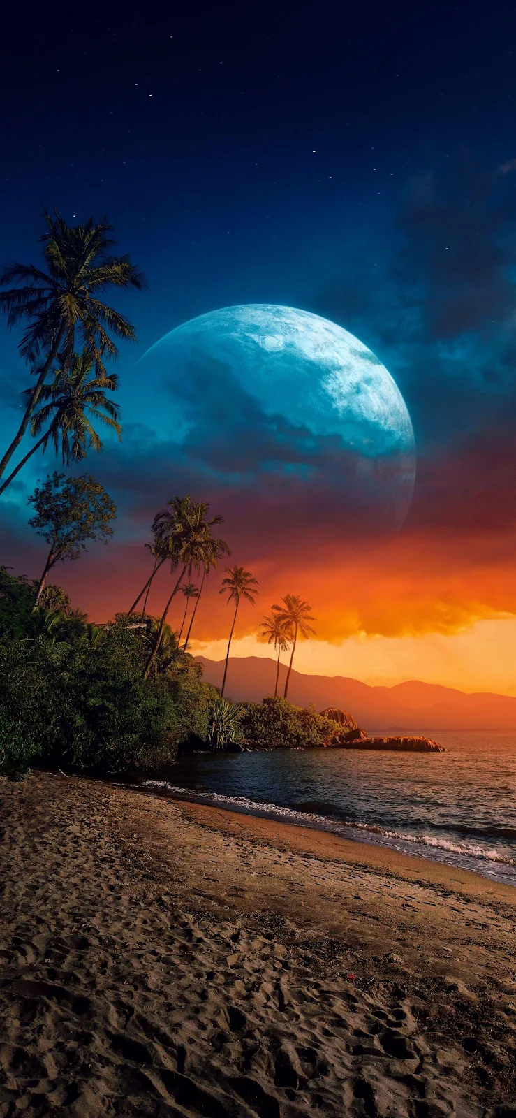 Giant Blue Moon Over Beach - Digital Art 2K iPhone Wallpaper (1474x3193)