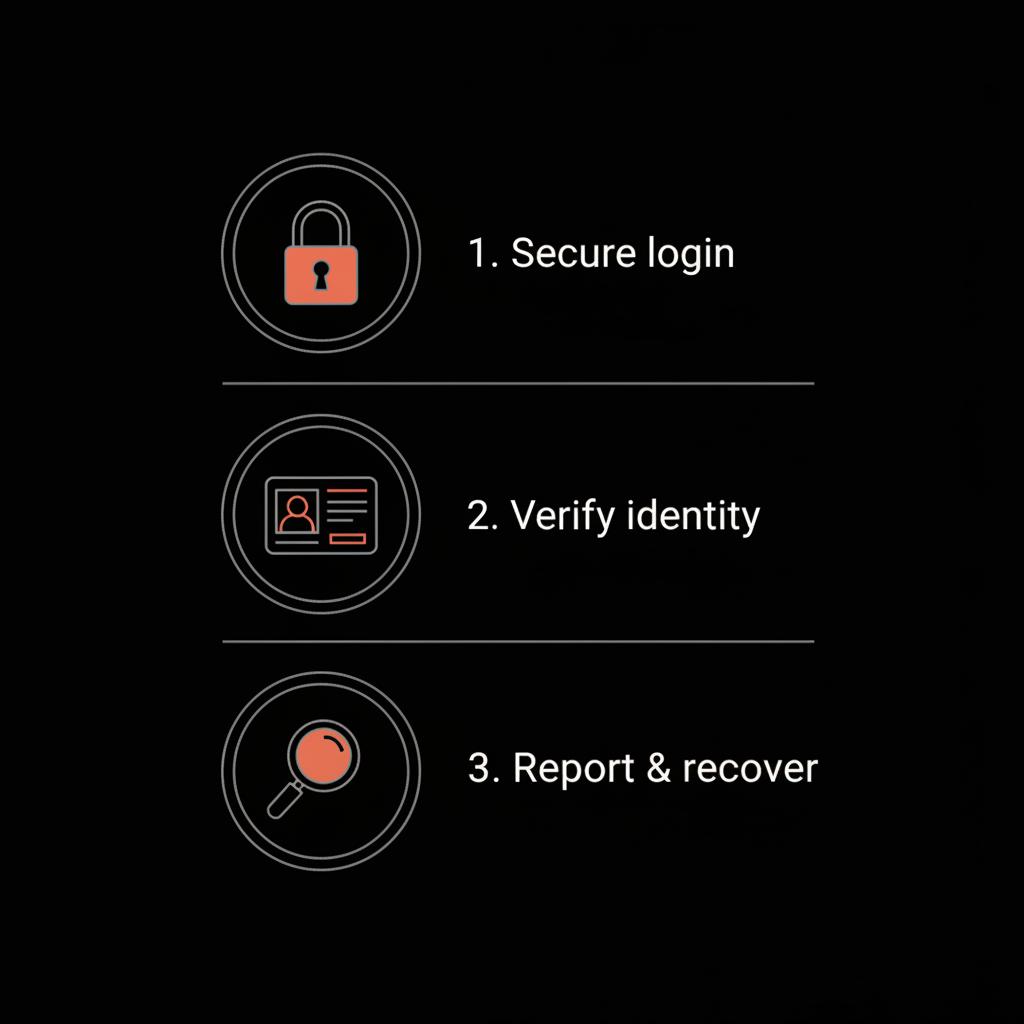 Minimal vertical infographic with three steps and icons (lock, ID card, magnifying glass) to recover hacked Facebook account, black background and brand colors