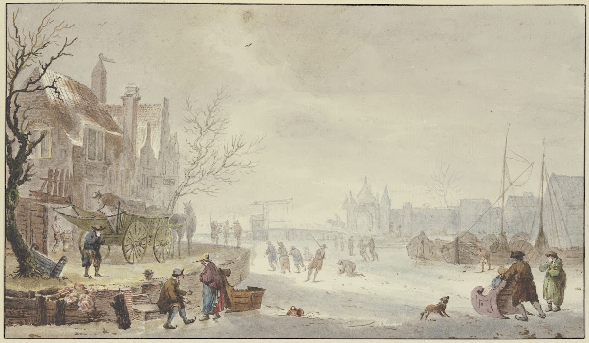 Winterlandschaft auf dem Fluß Schlittschuhläufer links am Quai ein Wagen