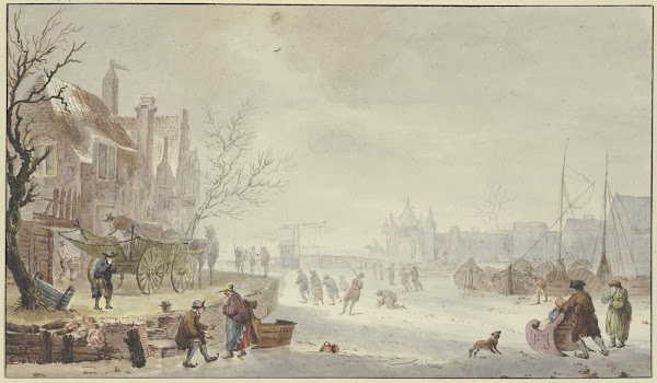 Winterlandschaft auf dem Fluß Schlittschuhläufer links am Quai ein Wagen