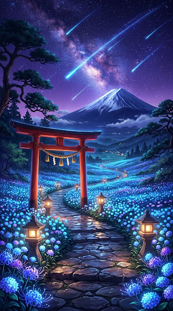 Red Torii Gate in a Field of Blue Flowers under Mt. Fuji at Night - Free mobile Wallpaper