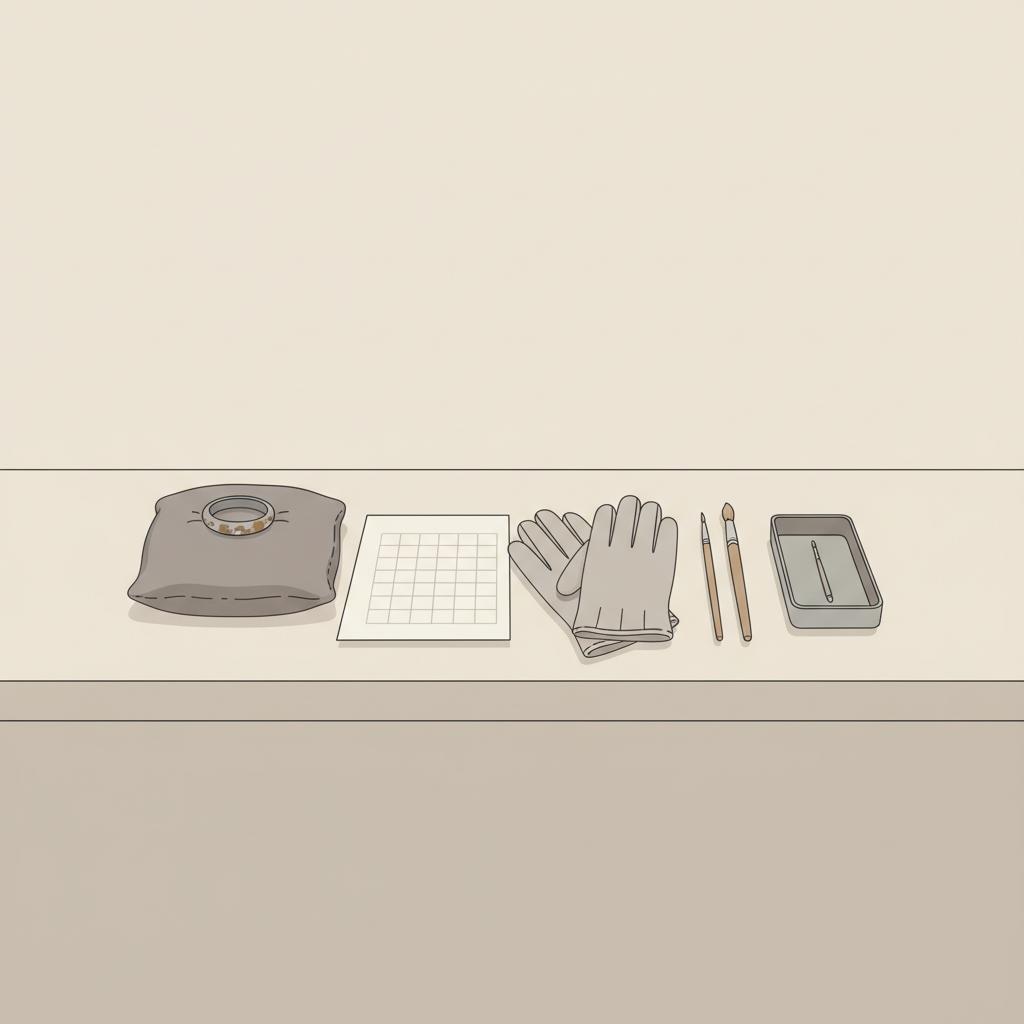 Minimalist 2D vector of a conservator bench with gloves brushes and a small ring on a padded support next to a condition report Ancient Rings