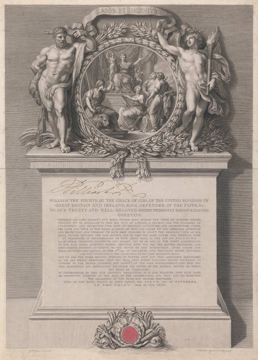 Certificate Of The Royal Academy Of Arts Appointing Henry Perronet Briggs To Be