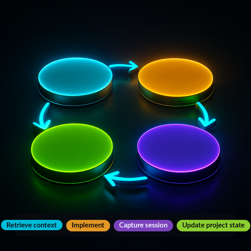 Retrieve context, implement, capture session, update project state