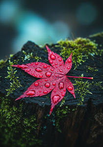 Red Maple Leaf Macro Water Drops