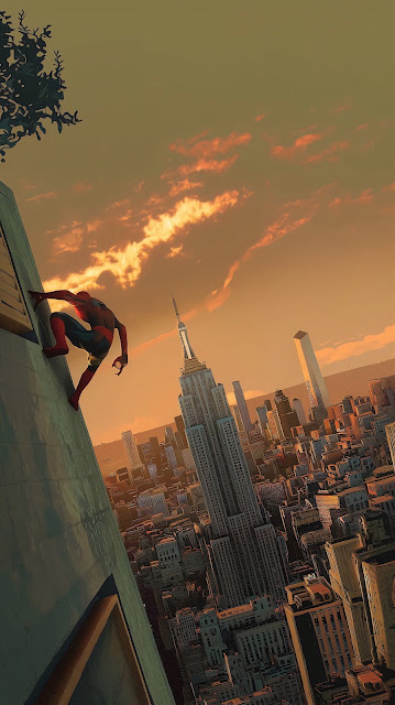 Spider-Man climbing the side of a tall skyscraper with the Empire State Building and city skyline at sunset.