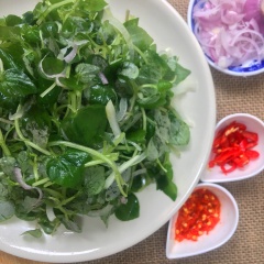 Cho hành tây lên dĩa, chan nước sốt vào trộn đều và cho ra dĩa.