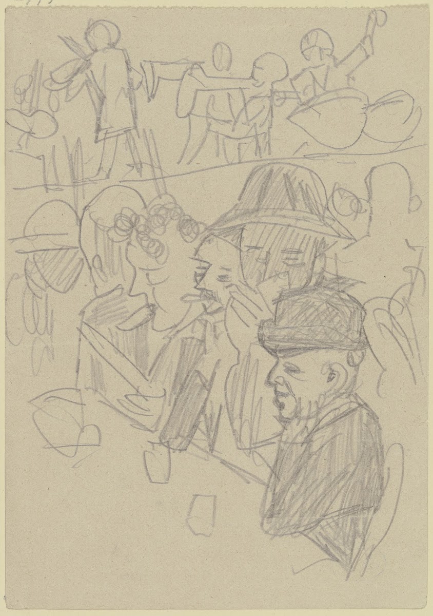 Männer an einem Tisch mit Gläsern im Hintergrund eine Musikkapelle 1920