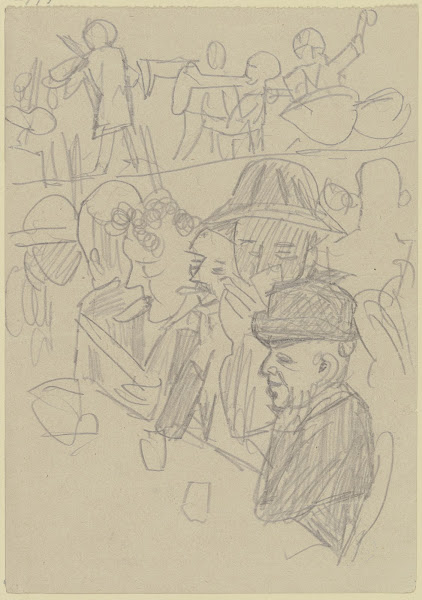 Männer an einem Tisch mit Gläsern im Hintergrund eine Musikkapelle 1920