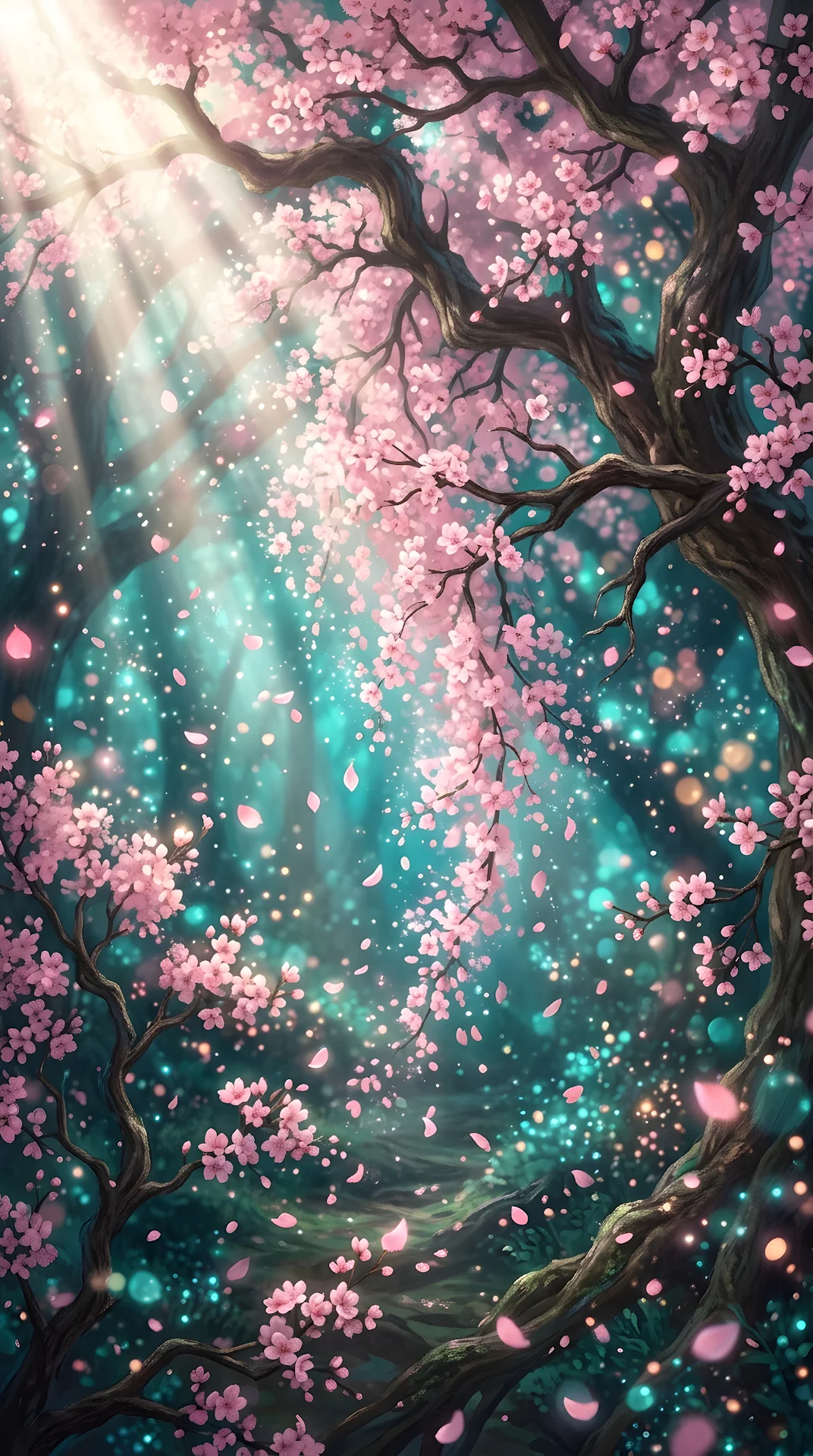 Abstract Digital Illustration of Falling Pink Flowers and Ethereal Blue Light - Free 4K mobile Wallpaper