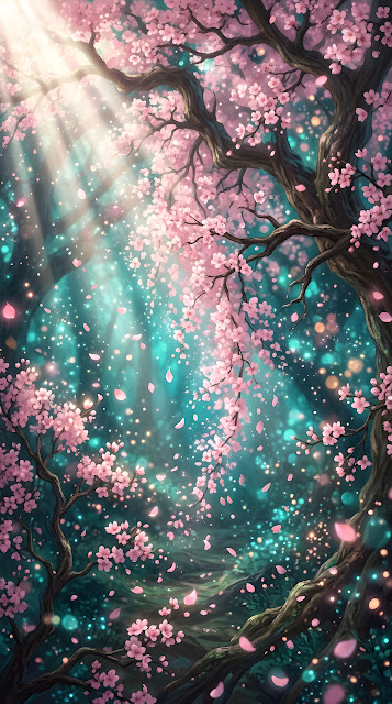 Abstract Digital Illustration of Falling Pink Flowers and Ethereal Blue Light - Free mobile Wallpaper