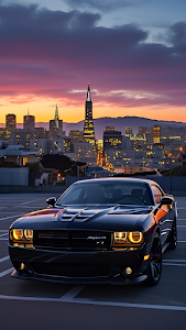 Black Muscle Car Overlooking San Francisco Sunset