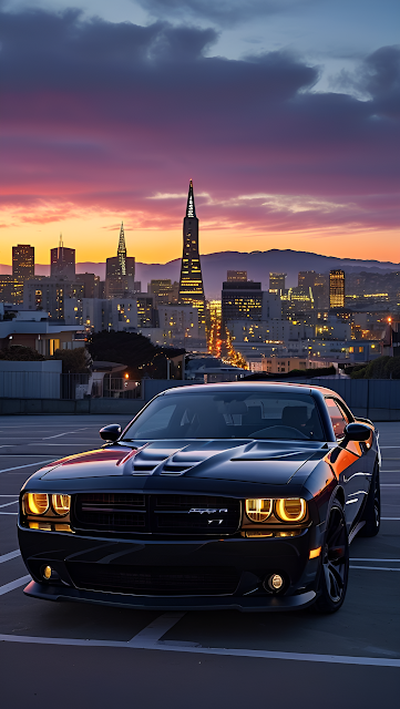Black Muscle Car Overlooking San Francisco Sunset - Free mobile Wallpaper