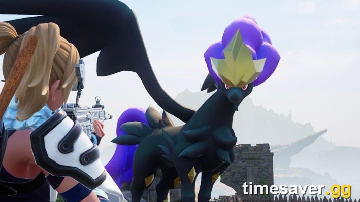 The dark variant Frostallion Noct in Palworld, a black winged unicorn Pal, in-game