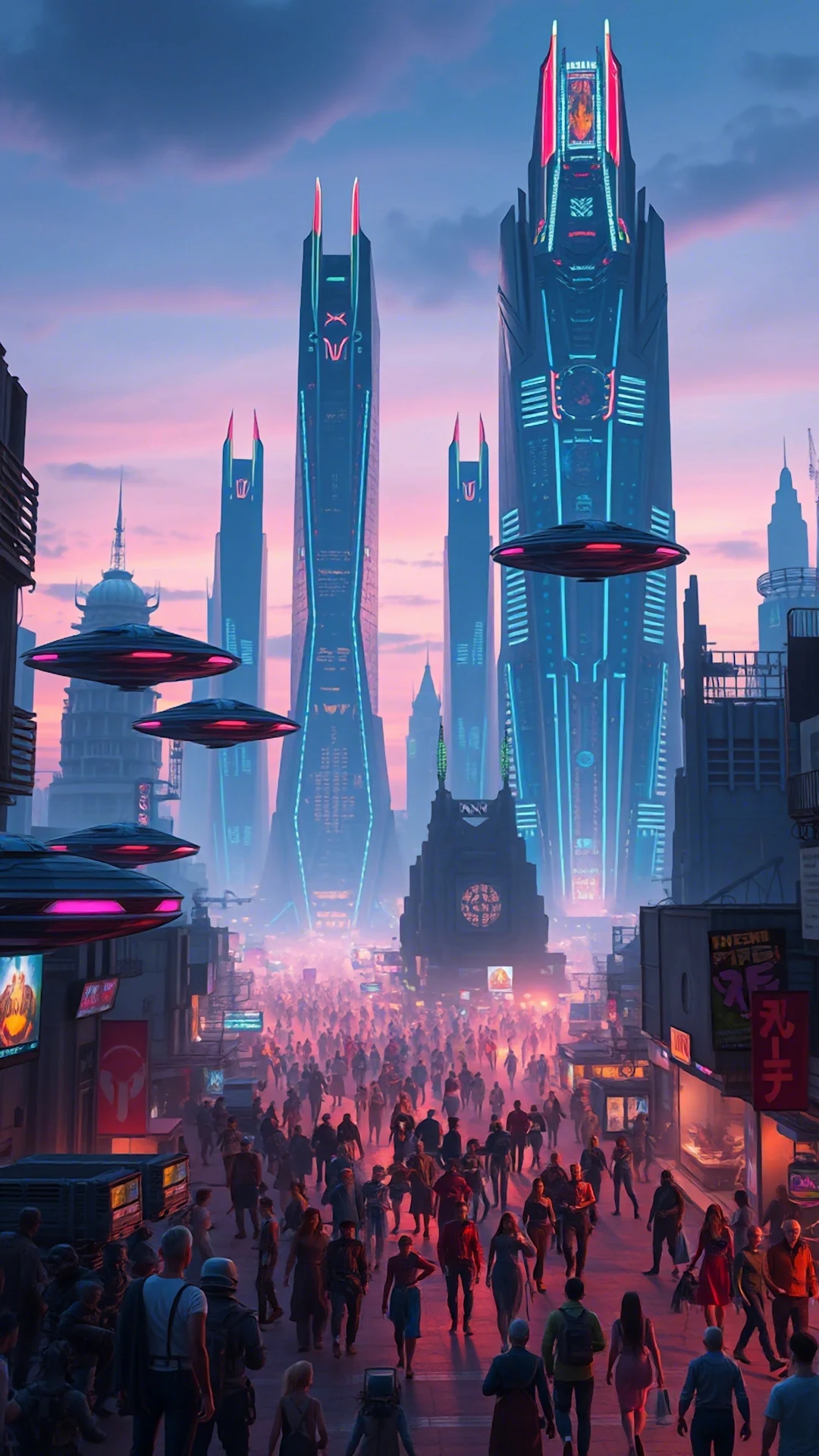 Dystopian Cyberpunk Cityscape with Neon Towers and UFO Traffic - Free 4K mobile Wallpaper
