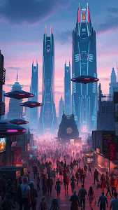 Dystopian Cyberpunk Cityscape with Neon Towers and UFO Traffic