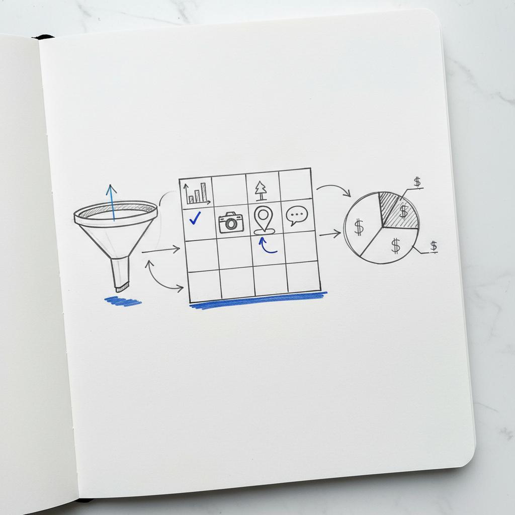 Notebook-style weekly content calendar sketch for a local agent with icons for market updates, listing photos, neighborhood walks, and reply sessions &mdash; twitter for real estate