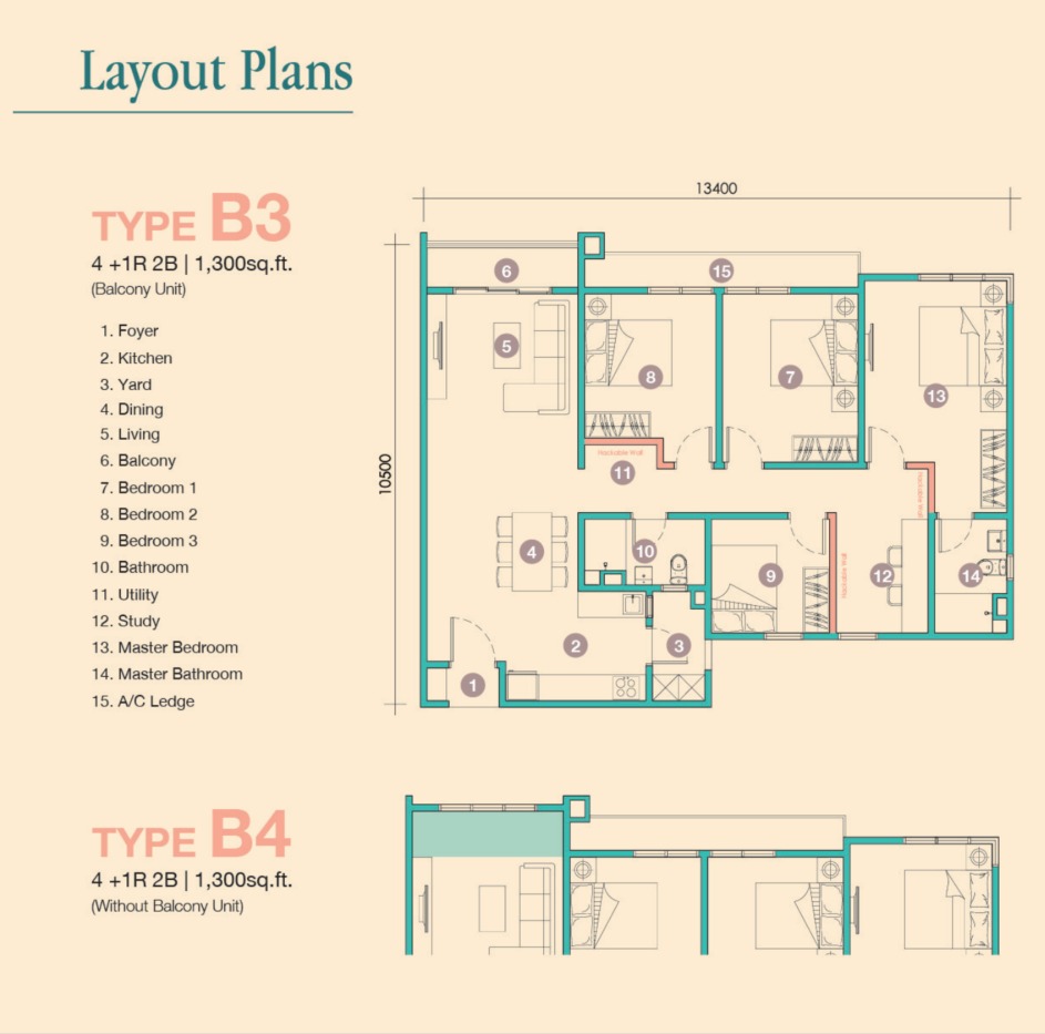D'Tessera Type B3 floor plan — 1243 sq ft, 3 bedrooms
