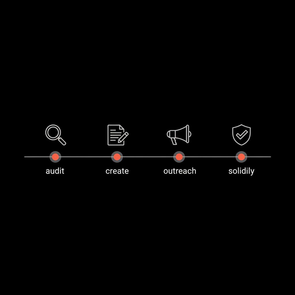 Minimal horizontal timeline infographic showing audit, create, outreach, solidify in Social Success Hub brand colors. Do people write Wikipedia pages about themselves
