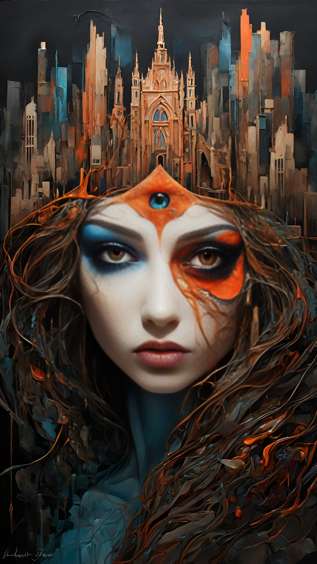 Dystopian Goddess Portrait Over Crumbling Fantasy Cityscape - Free 4K mobile Wallpaper