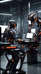 Futuristic Robots Working Industrial Data Center