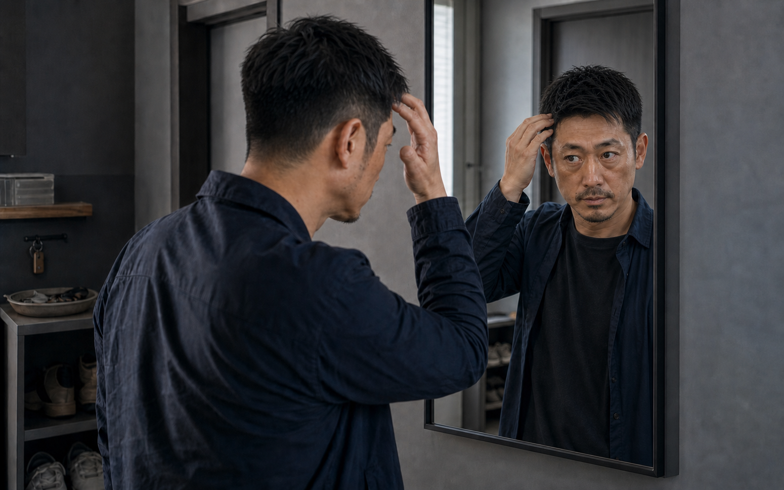出門前整理自己外在狀態的男性