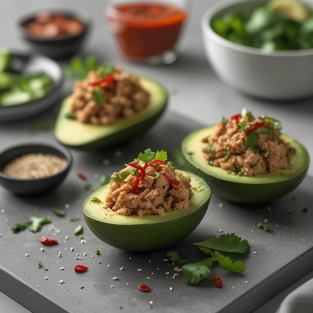 Spicy Sriracha Tuna Stuffed Avocados with Crispy Quinoa