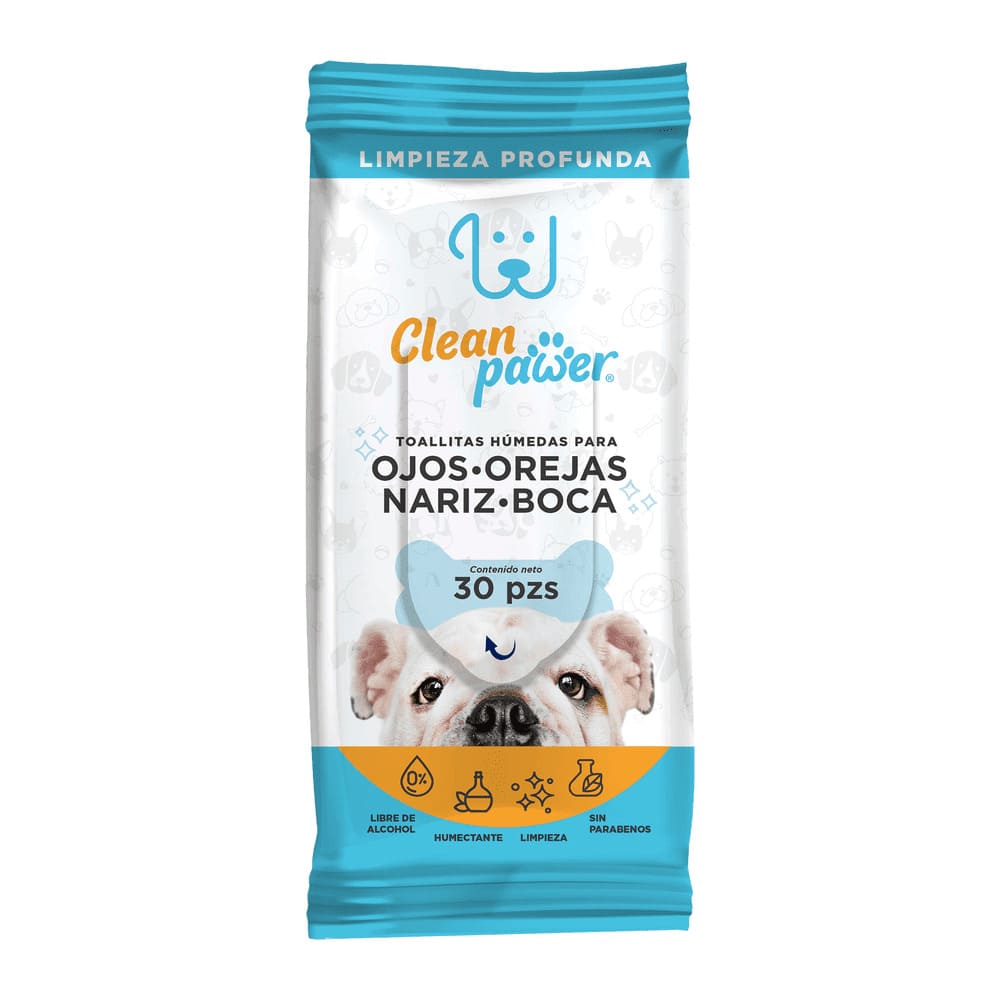 Toallitas húmedas para perro Clean Pawer™ para ojos, orejas, nariz y hocico, 30 piezas