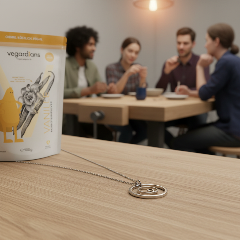 Nahaufnahme einer gravierten Edelstahl‑Halskette auf Holztisch in warmer Abendstimmung, minimalistisches Setting — ideale geschenkideen für freundin