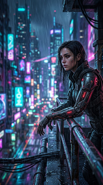 Female Cyborg Figure in Rain with Neon City Background - Free mobile Wallpaper