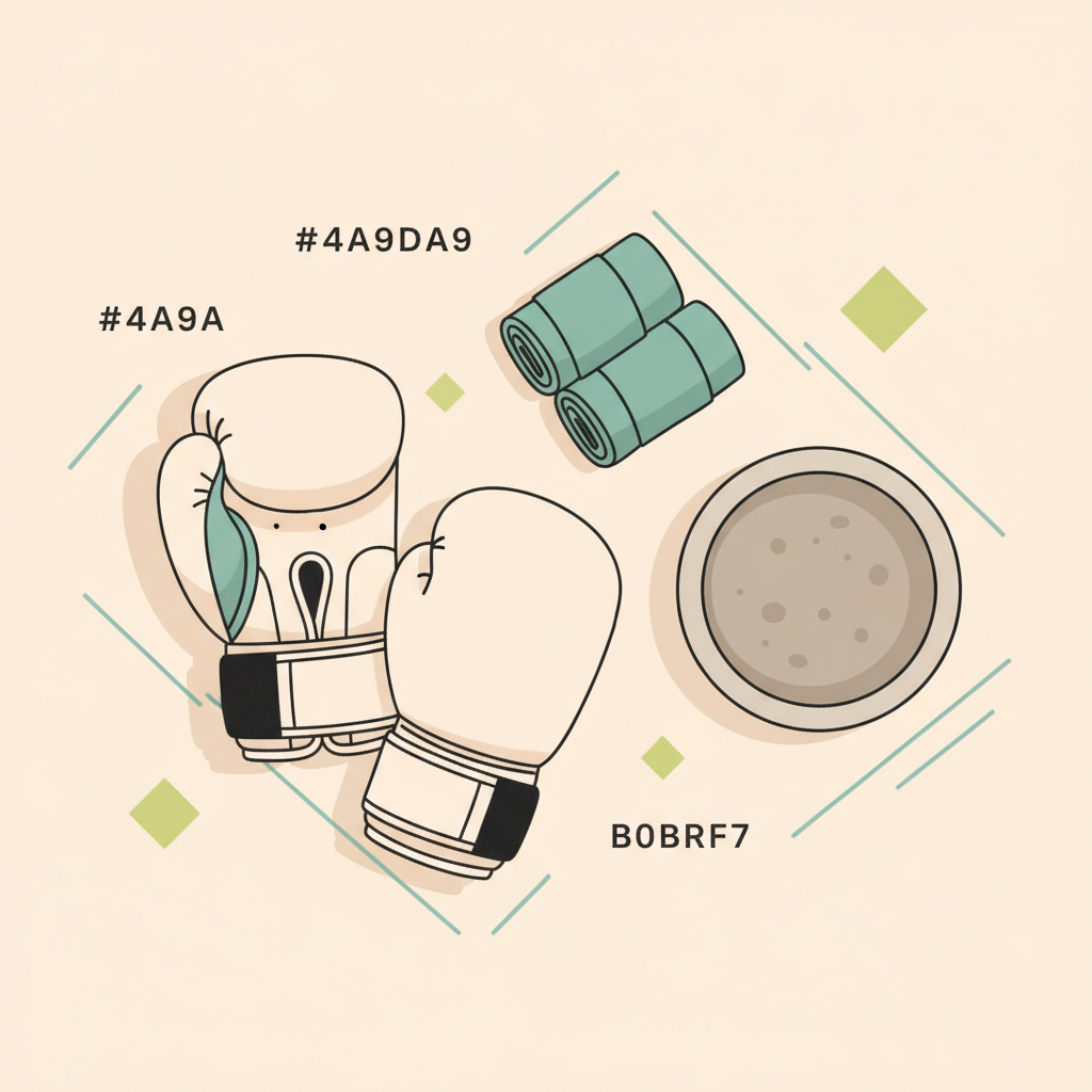 Minimalistische Nahaufnahme einer Boxtraining-Ausrüstung: Bandagen, Boxhandschuhe und Proteinshake in neutraler Schale vor hellem #F7EDE6 Hintergrund mit Akzenten #4A9A9E und #B0BF71, freundliche reduzierte Vektorästhetik. Boxtraining