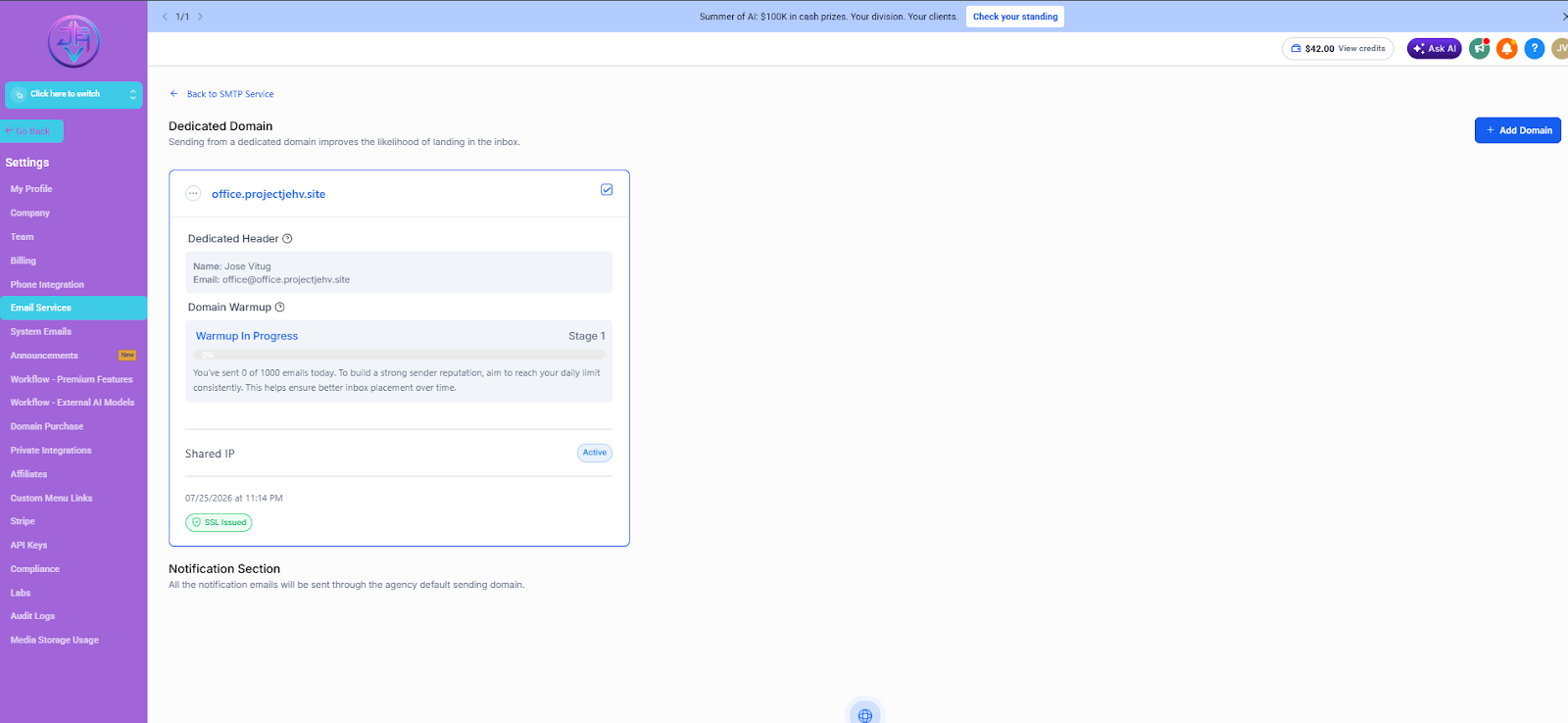Dedicated domain agency setup proof