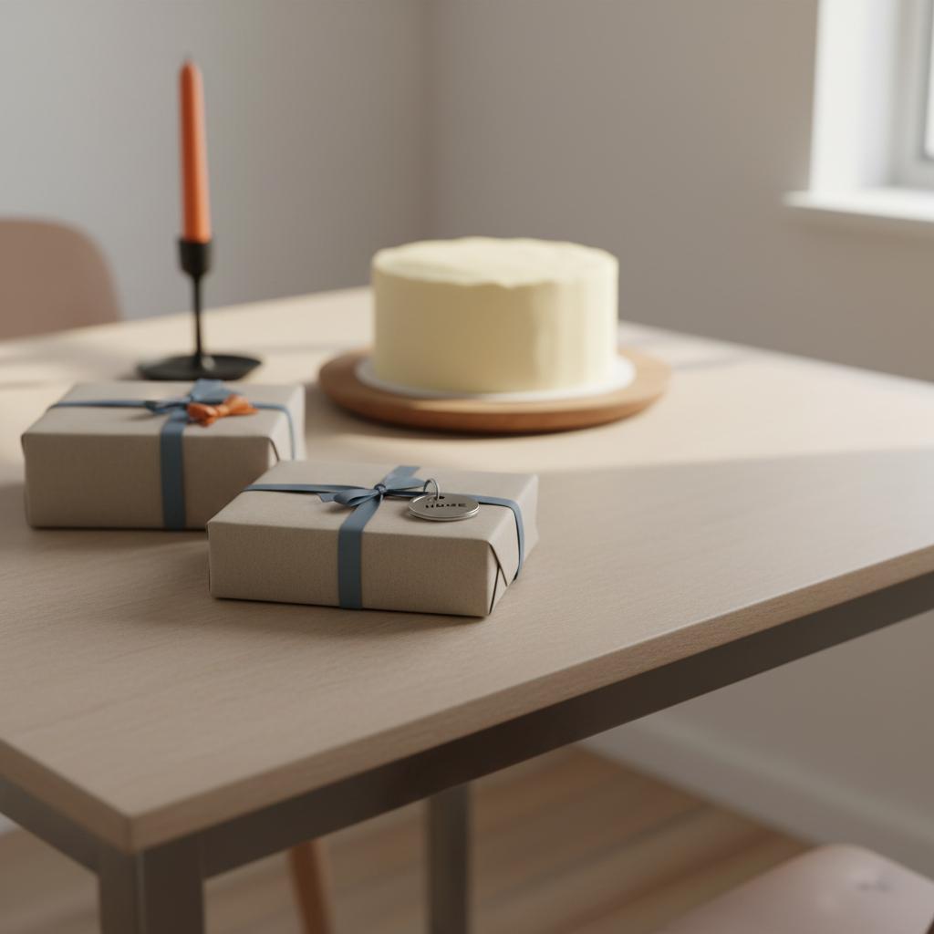 Detailaufnahme eines minimalistischen Esstisches mit sorgfältig verpackten Geschenken, Metall-Schlüsselanhänger mit kurzer Gravur im Vordergrund und Vanilletorte im Hintergrund – kurze geburtstagszitate