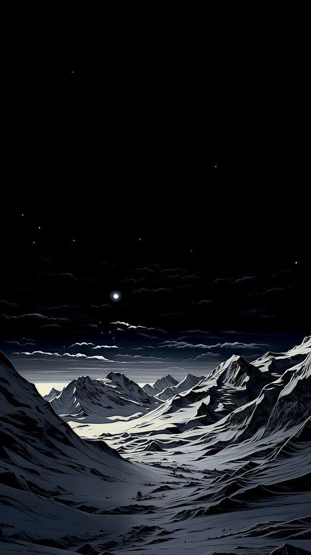 Snowy Mountain Valley at Night - Digital Illustration iPhone Wallpaper (640x1141)