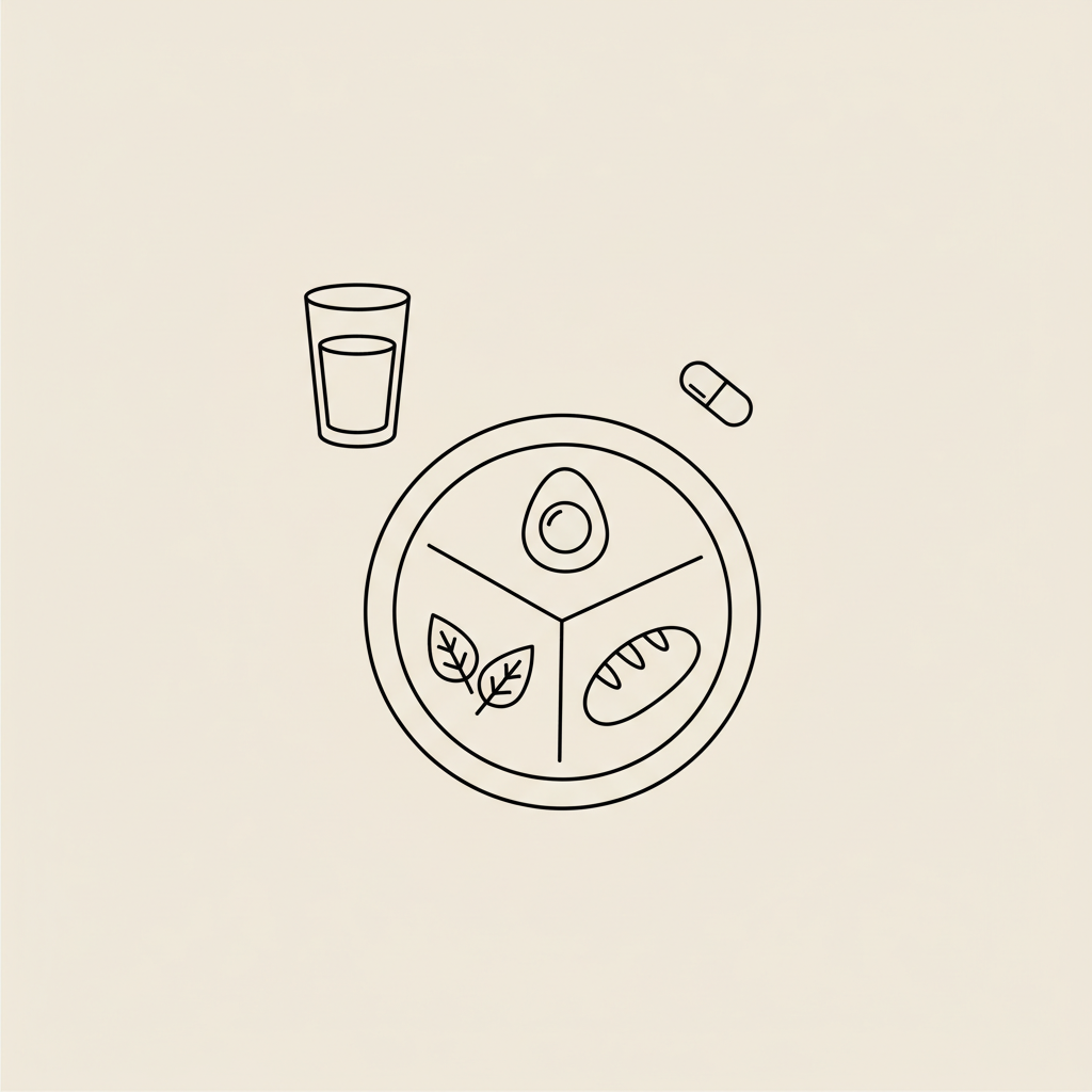 Minimalist vector plate divided into protein, vegetables and carbohydrates with a capsule and water glass on beige background representing Metabolic Balance technique