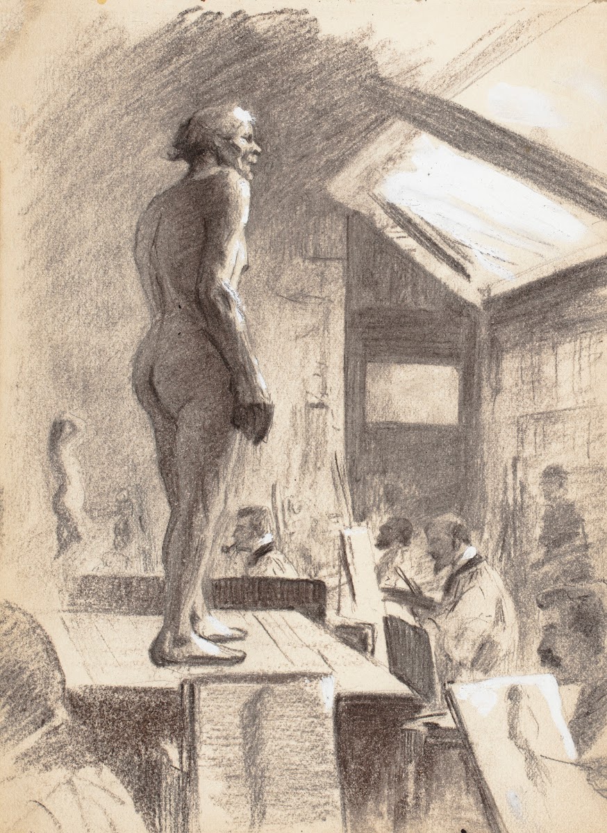 Taidekoulusta miesmalli etualalla 1887
