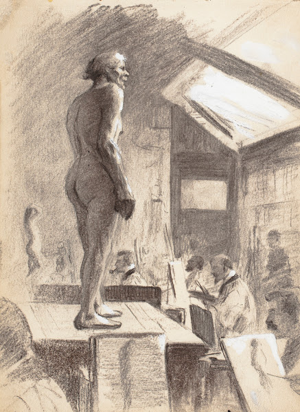 Taidekoulusta miesmalli etualalla 1887