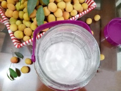 Bình thủy tinh sau khi rửa sạch, tráng qua nước sôi, để ráo. Đổ một ít đường trắng xuống đáy bình. Cho từng ít mơ vào bình, cứ một lớp đường thì thêm một lớp mơ cho tới khi đầy bình.