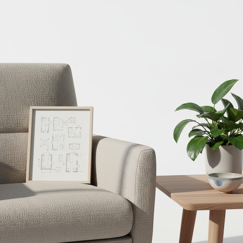 Close-up sunlit home-staging corner with neutral chair, plant and a hand-drawn floor plan sketch on a table, subtle accent #1a5bfb &mdash; 3-3-3 rule in real estate