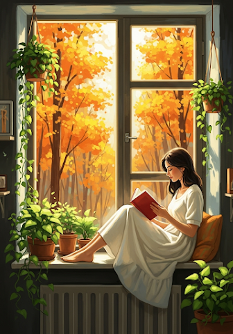 Woman Reading by Autumn Window